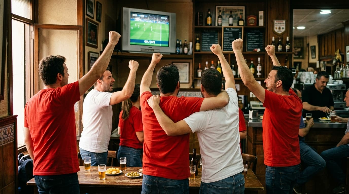 Aficionados del Granada celebrando un gol en un bar