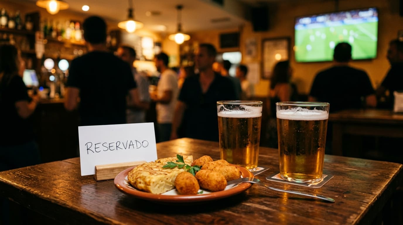 Mesa reservada en un bar con el partido del Granada en la pantalla